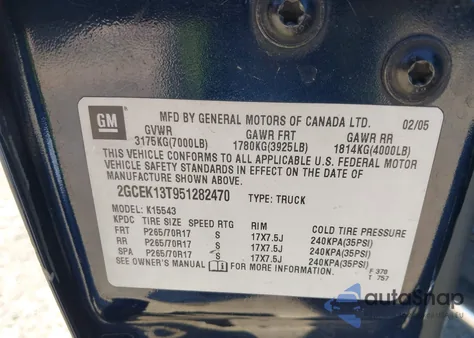 2005 Chevrolet Silverado 1500 Z71 из США, поврежденный, VIN 2GCEK13T951282470